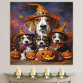 Halloween American Foxhound Dog Family Wall Art with Pumpkins and Witch Hats Fall Rustic Farmhouse Decor for Dog Lovers on Ready to Hang 1.5" Thick Canvas Wrap, Floating Framed Canvas, Flat Rolled Canvas